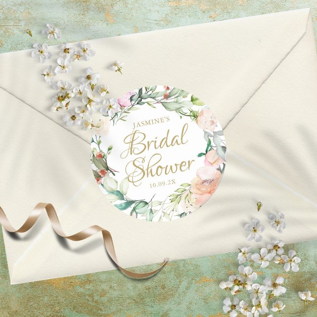 Pegatina Redonda Rosas silvestres acuarela Script Bridal Shower Fav (Subido por el creador)