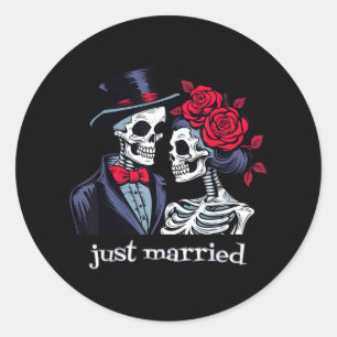 Pegatina Redonda Rosas Skeleton Bride &amp; Groom, Solo Casado Elo
