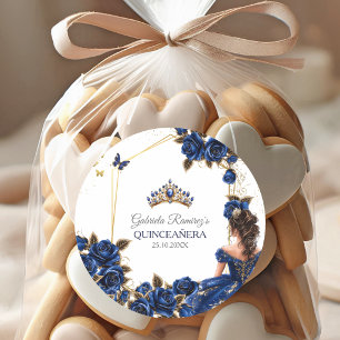 Pegatina Redonda Rosas Tiara Dorada Azul Marino Quinceañera