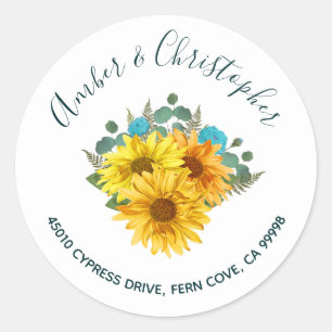 Pegatina Redonda Rosas Verde azulados de girasol Boda Discurso Sell