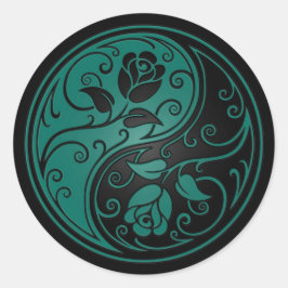 Pegatina Redonda Rosas verde azulados de Yin Yang azules y negros