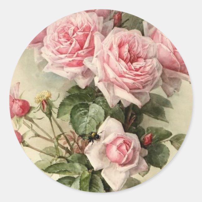 Pegatina Redonda Rosas victorianos de Shabby Chic Pink (Anverso)