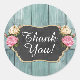 Pegatina Redonda Rosas Vintage Desgastadas Agradecimiento Pizarra R
