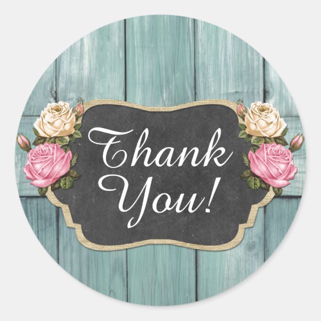 Pegatina Redonda Rosas Vintage Desgastadas Agradecimiento Pizarra R (Anverso)