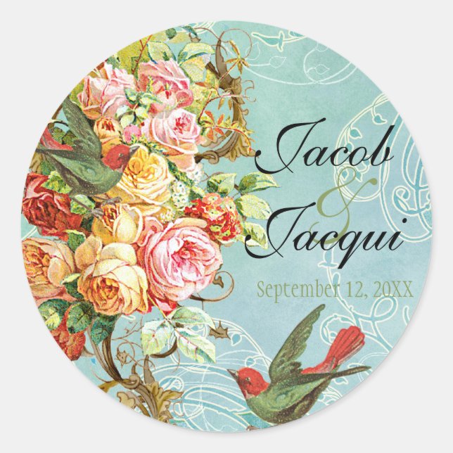 Pegatina Redonda Rosas Vintage Mariposa Mariposas Swirls Elegant (Anverso)