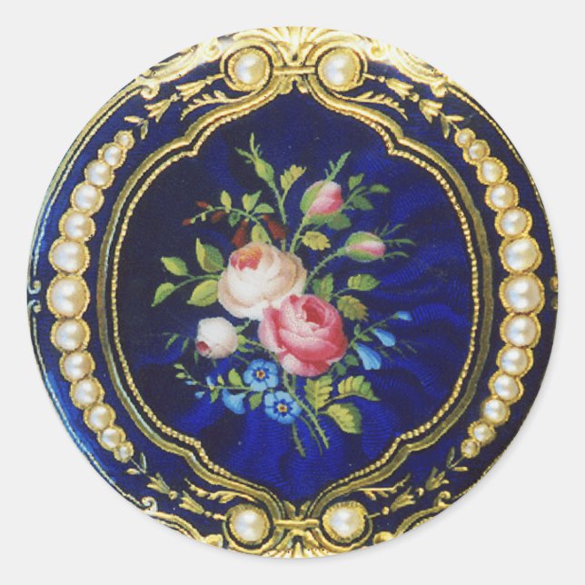 Pegatina Redonda Rosas Y FLORES DE VINTAJE CON PERLAS (Anverso)