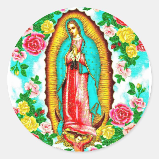 PEGATINA REDONDA ROSAS Y MADONNA DE GUADALUPE.DISEÑO DE ARTE (Anverso)