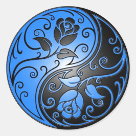 Pegatina Redonda Rosas Yin Yang, azul y negro