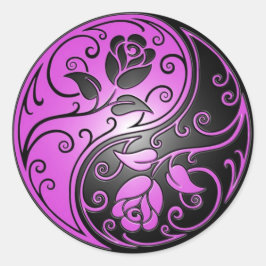 Pegatina Redonda Rosas Yin Yang, morado y negro