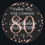 Pegatina Redonda Rose Gold Black 80th Birthday Gracias Glitter<br><div class="desc">Elegante cumpleaños número 80 "Gracias" Rose Gold Faux Glitter Confetti Black,  plantilla de la etiqueta de favores.</div>