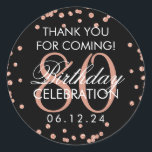Pegatina Redonda Rose Gold Black 80th Birthday Gracias Glitter<br><div class="desc">Elegante cumpleaños número 80 "Gracias" Rose Gold Faux Glitter Confetti Black,  plantilla de la etiqueta de favores.</div>