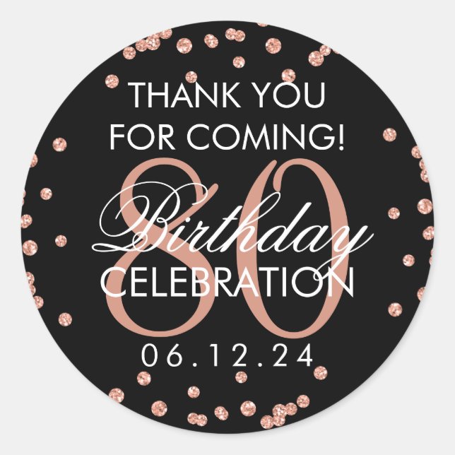 Pegatina Redonda Rose Gold Black 80th Birthday Gracias Glitter (Anverso)