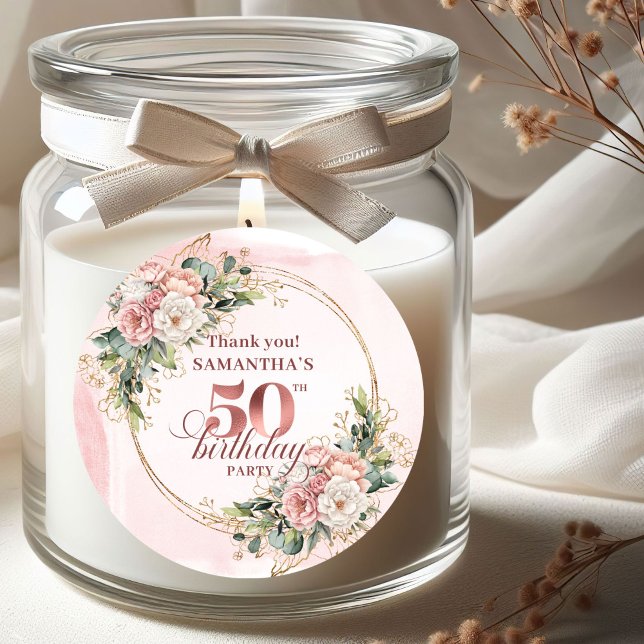 Pegatina Redonda Rose Gold Blush Floral Greenery 50th Birthday  (Rose Gold Blush Floral Greenery 50th Birthday Stickers)