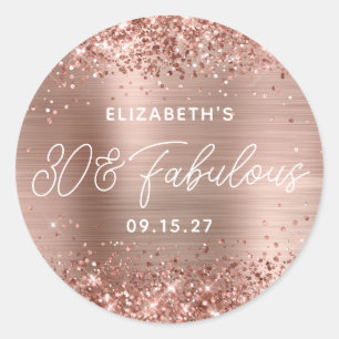 Pegatina Redonda Rose Gold Brillo Glam Script Moderno 30 y Fabuloso