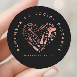 Pegatina Redonda Rose Gold Heart Salon Recuerda Distanciarse Social