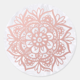 Pegatina Redonda Rose Gold Mandala en Marble Blanco
