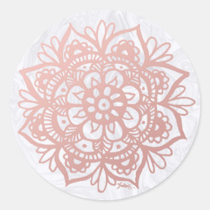 Pegatina Redonda Rose Gold Mandala en Marble Blanco