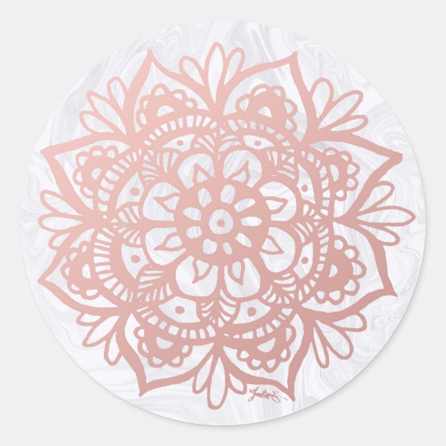 Pegatina Redonda Rose Gold Mandala en Marble Blanco (Anverso)