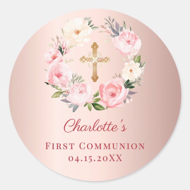 Pegatina Redonda Rose gold pink floral wreath First Communion (Anverso)