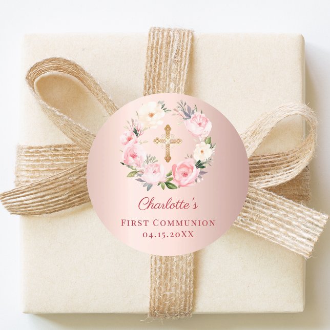 Pegatina Redonda Rose gold pink floral wreath First Communion (Subido por el creador)