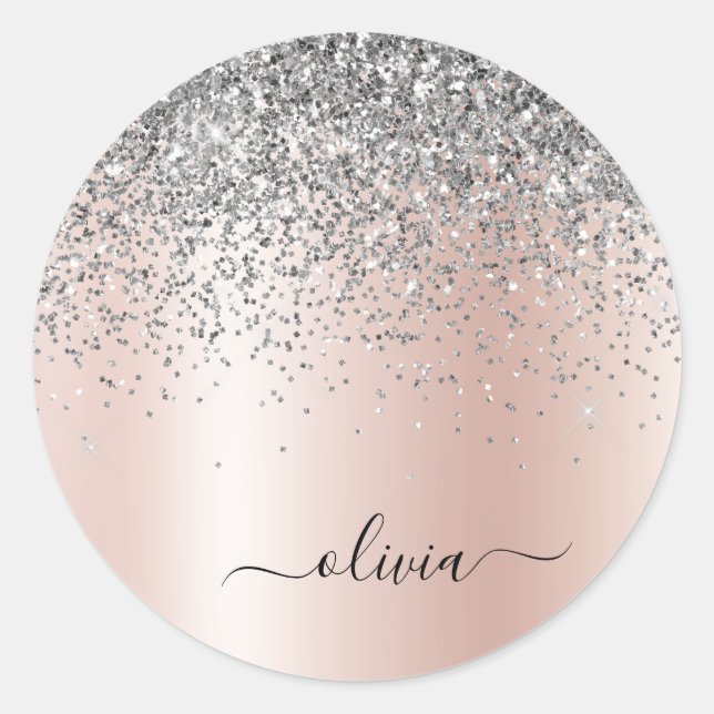 Pegatina Redonda Rose Gold - Rosa Clásico Plateado Glitter Monogram (Anverso)