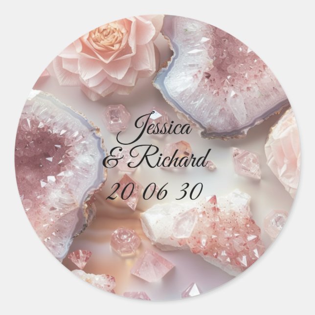 Pegatina Redonda Rose Quartz Romance Wedding Personalized Sticker (Anverso)