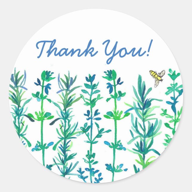 Pegatina Redonda Rosemary Thyme Bee Water Herbs (Anverso)