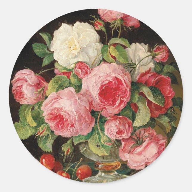 Pegatina Redonda Roses and cherries oil painting (Anverso)