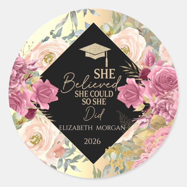 Pegatina Redonda Roses Flowers Gold Cap Motivational Message  (Anverso)