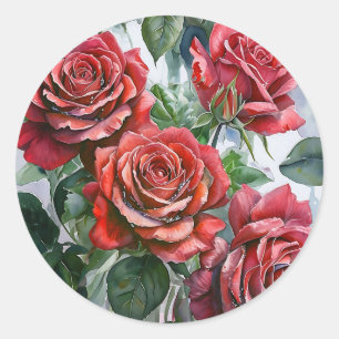 Pegatina Redonda Roses rojos acuarelas con hojas verdes