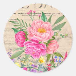 Pegatina Redonda Roses rosas, acuarela floral, periódico de época