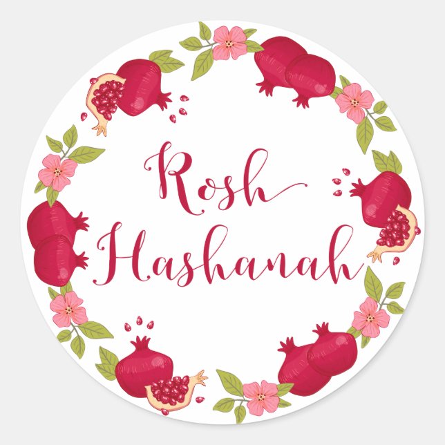 Pegatina Redonda Rosh Hashanah Año Nuevo Pomegranate Flower Wreath (Anverso)