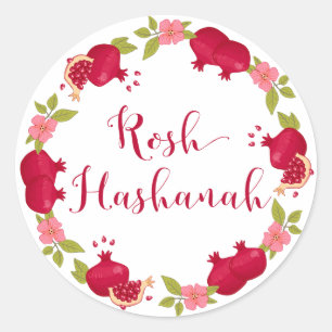 Pegatina Redonda Rosh Hashanah Año Nuevo Pomegranate Flower Wreath
