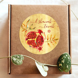 Pegatina Redonda Rosh Hashanah Red Pomegranate acuarela sobre el or