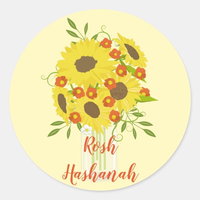 Pegatina Redonda Rosh Hashanah Sunflower Vase (Anverso)