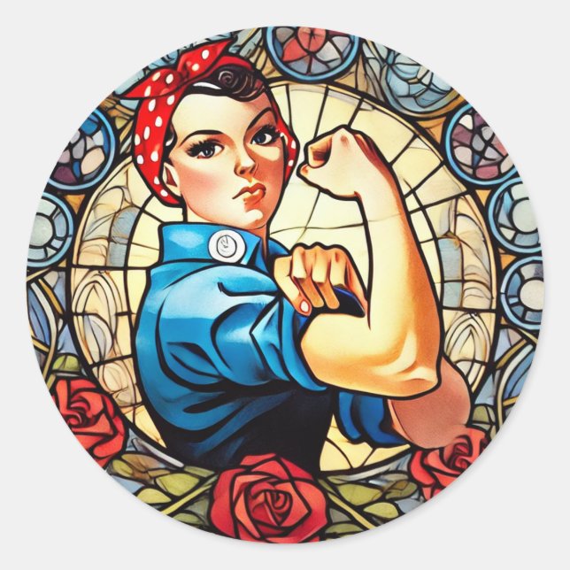 Pegatina Redonda Rosie the Riveter (Anverso)