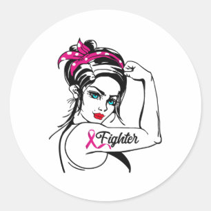 Pegatina Redonda Rosie The Riveter Breast Cancer Awareness