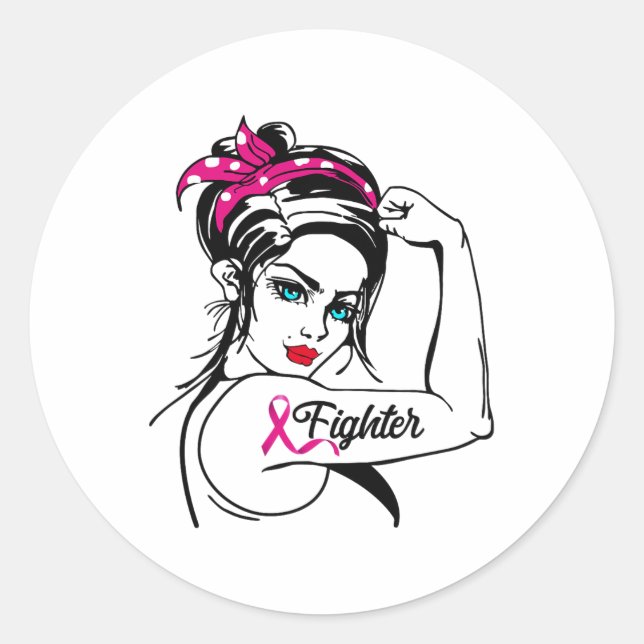 Pegatina Redonda Rosie The Riveter Breast Cancer Awareness (Anverso)