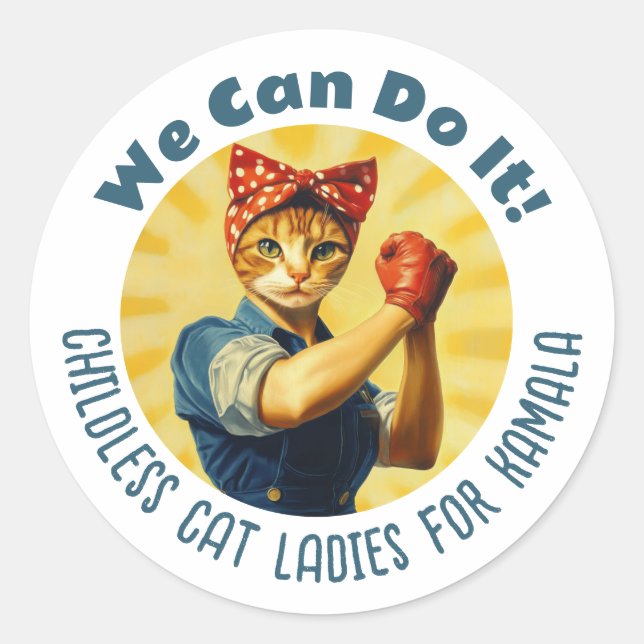 Pegatina Redonda Rosie The Riveter Cat Ladies Para Kamala Harris (Anverso)