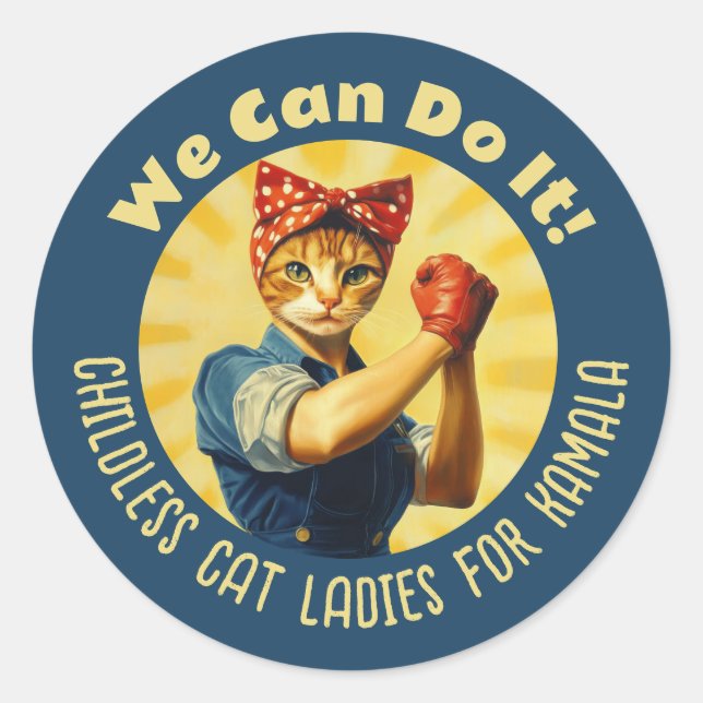 Pegatina Redonda Rosie The Riveter Cat Ladies Para Kamala Harris (Anverso)