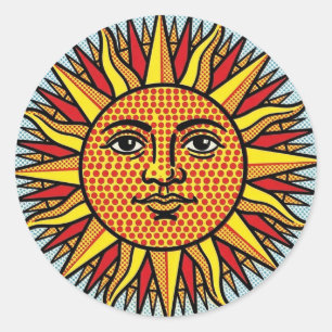 Pegatina Redonda Rostro del Sol Celestial Estilo de Arte Pop Comic