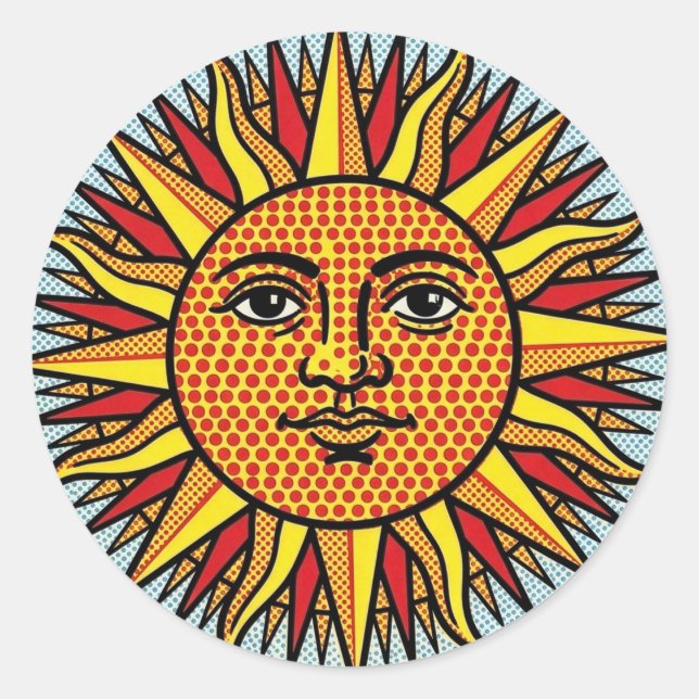 Pegatina Redonda Rostro del Sol Celestial Estilo de Arte Pop Comic  (Anverso)