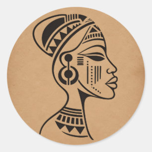 Pegatina Redonda Rostro Tribal Africano Abstracto Arte de Línea M