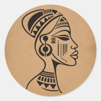 Pegatina Redonda Rostro Tribal Africano Abstracto | Arte de Línea M