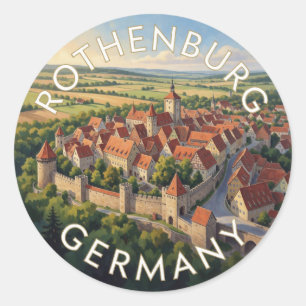 Pegatina Redonda Rothenburg Alemania Pueblo Amurallado Medieval  