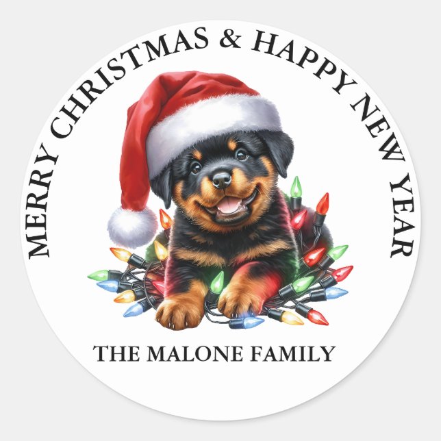 Pegatina Redonda Rottweiler A Muy Merry, Navidades Bark-tastic (Anverso)