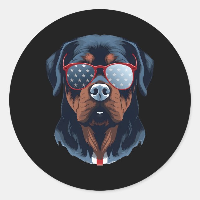 Pegatina Redonda Rottweiler Con Bandera Patriótica Estadounidense I (Anverso)