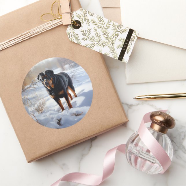 Pegatina Redonda Rottweiler Deja que nieve Navidad (Regalar)