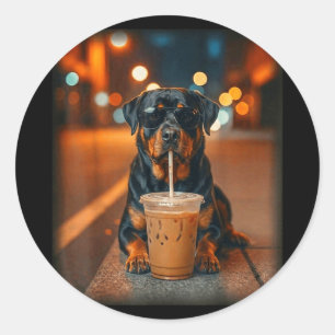 Pegatina Redonda Rottweiler divertido bebiendo café helado amante p