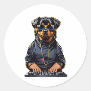 Pegatina Redonda rottweiler Dog Dj con tortugas y audífonos